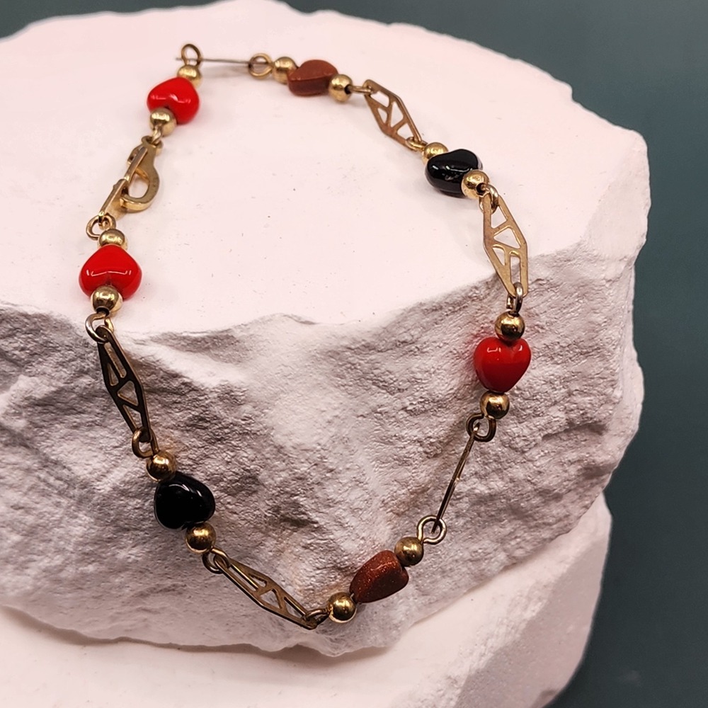 Vintage Heart Bead Bracelet Red Black Brown Goldstone Brass Tone Boho Romantic